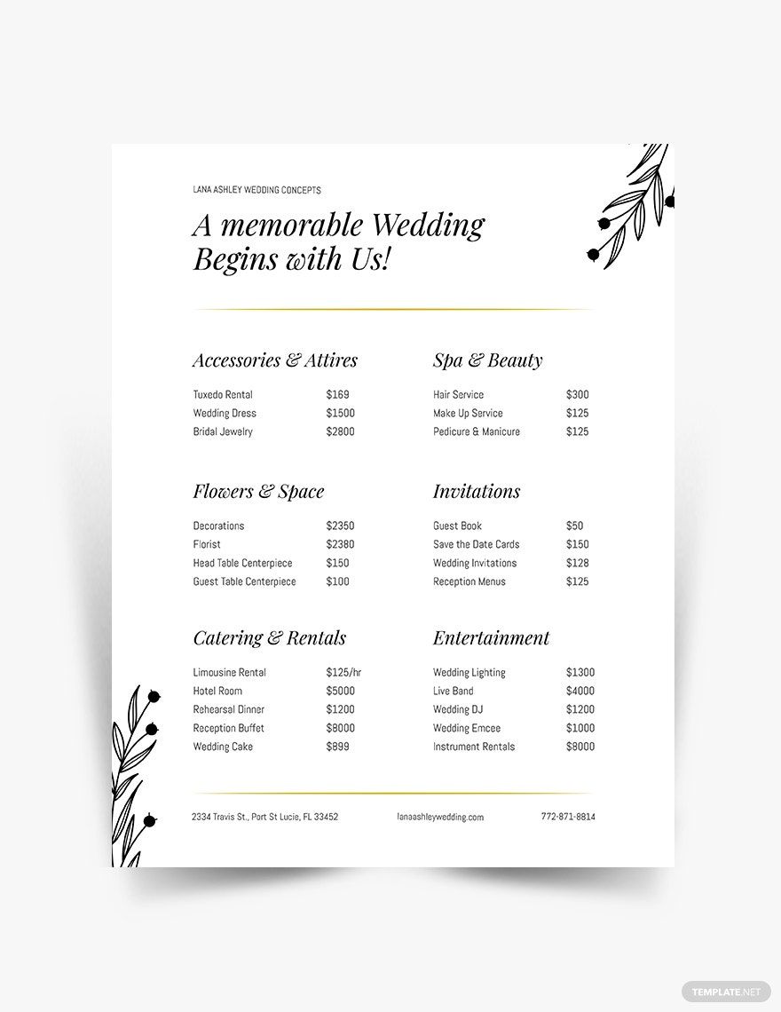 Fall Wedding Event Price List Template