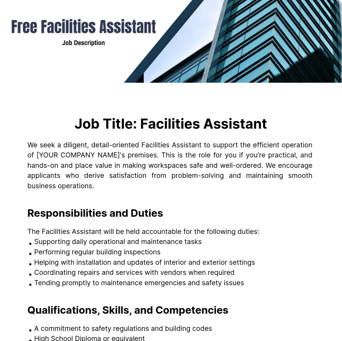 Facilities Assistant Job Description Template