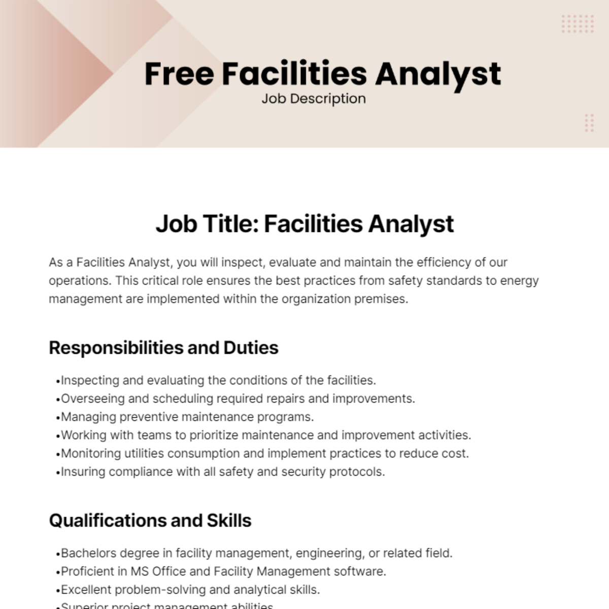 Free Facilities Analyst Job Description Template
