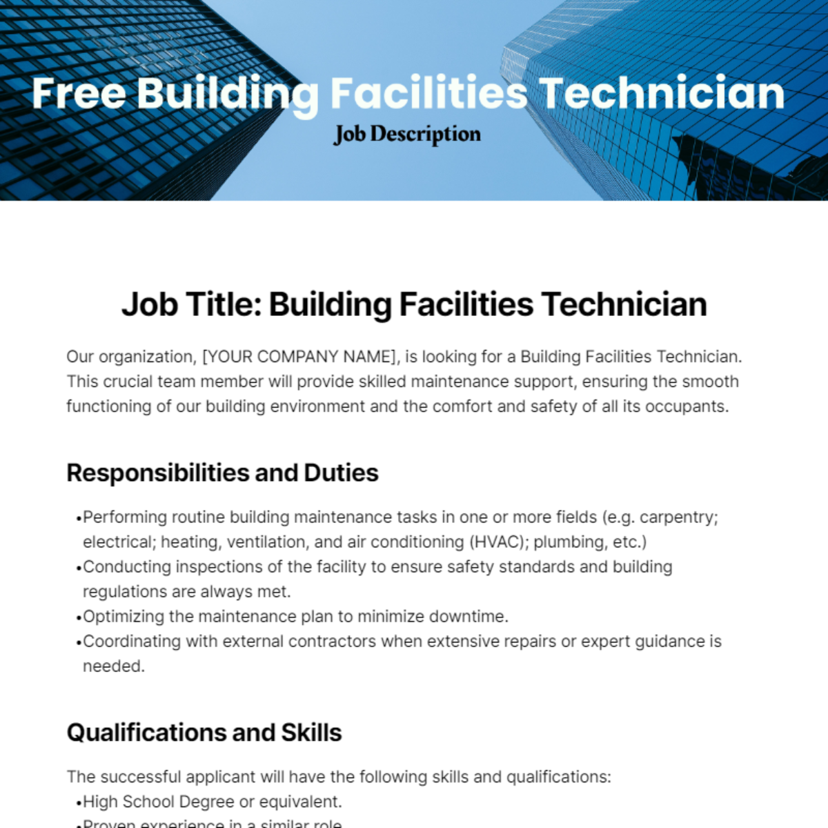 Free Building Facilities Technician Job Description Template