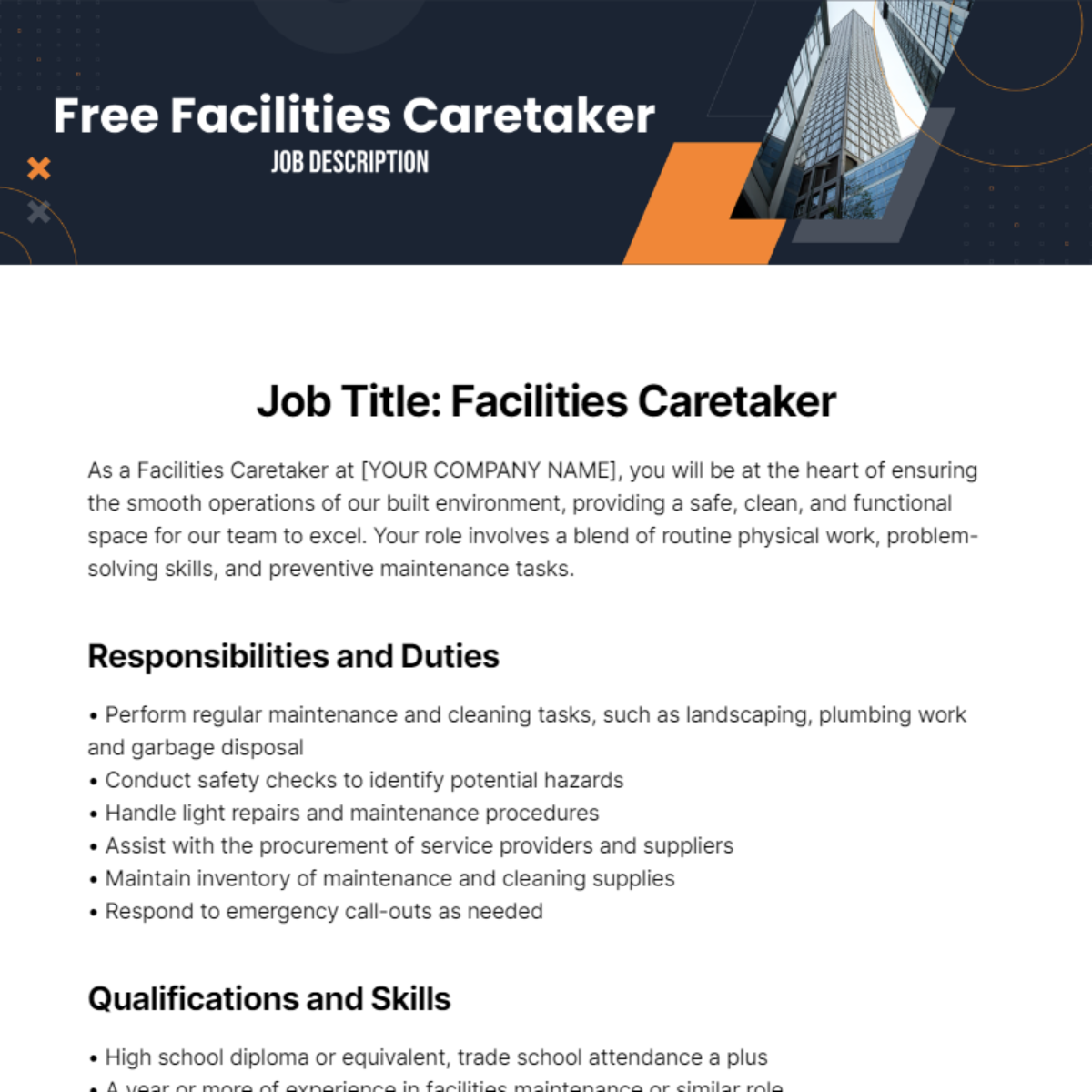 Free Facilities Caretaker Job Description Template