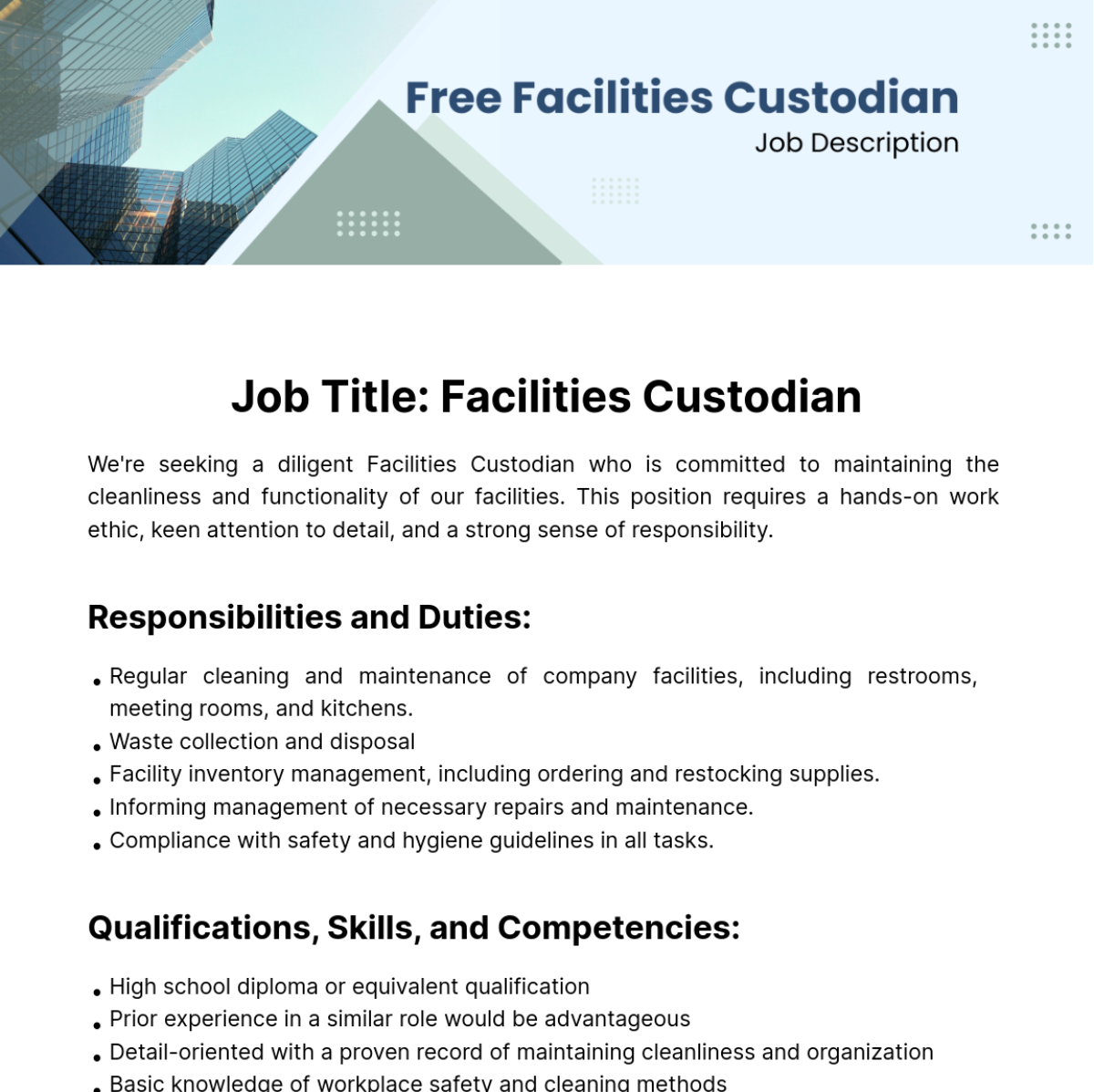 Free Facilities Custodian Job Description Template