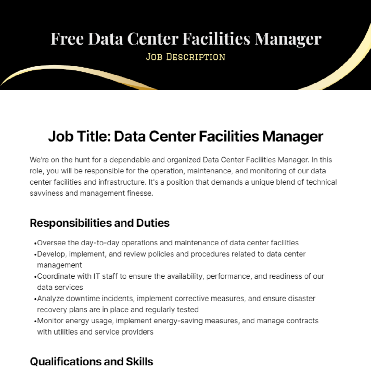 Free Data Center Facilities Manager Job Description Template
