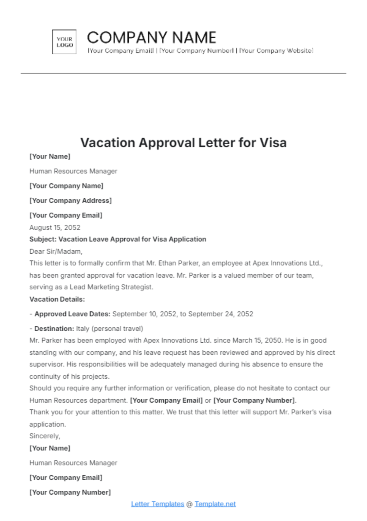 Vacation Approval Letter for Visa Template