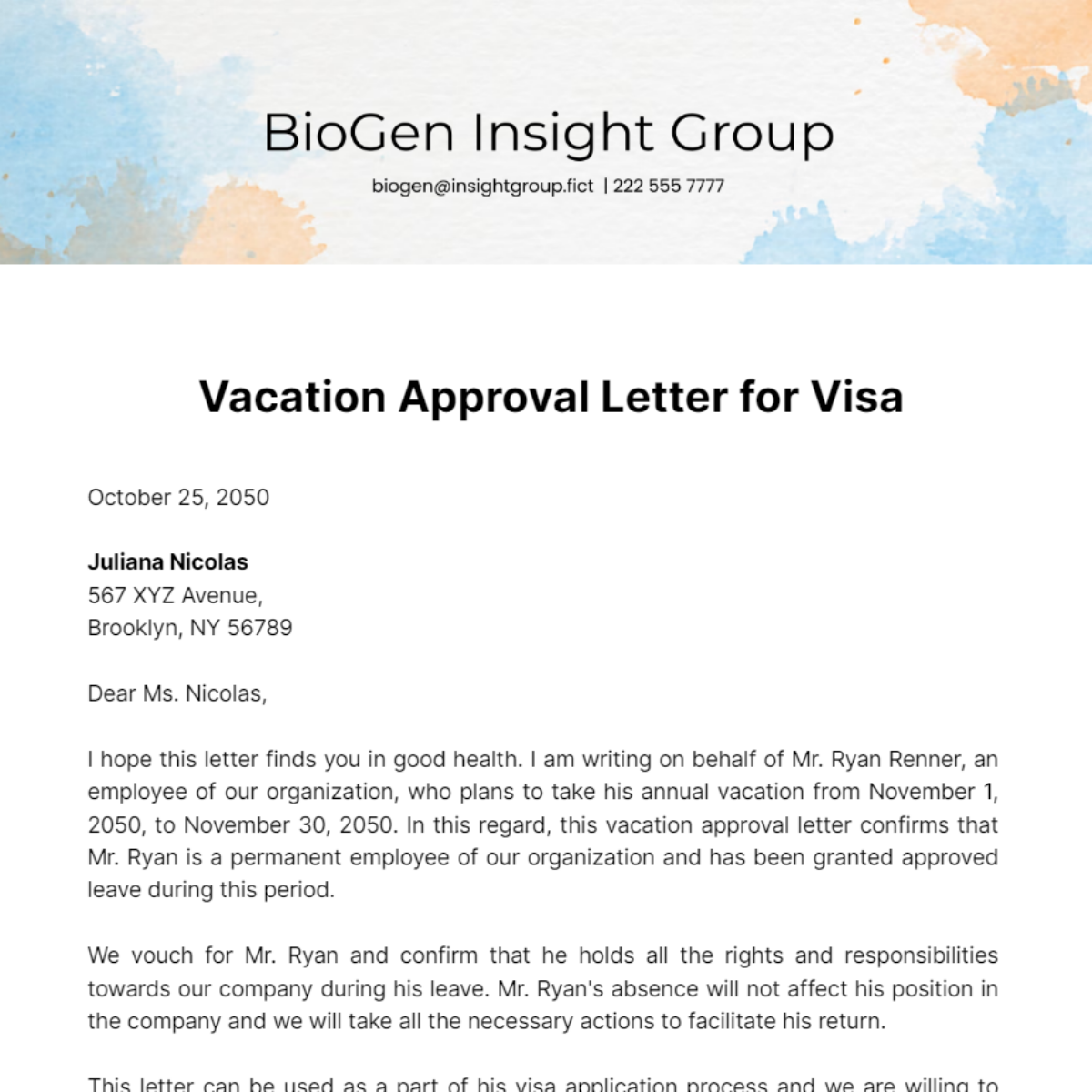 Vacation Approval Letter for Visa Template