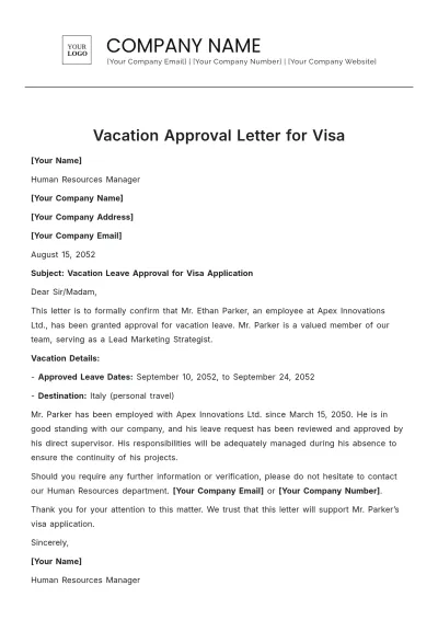 Free Vacation Approval Letter for Visa Template to Edit Online