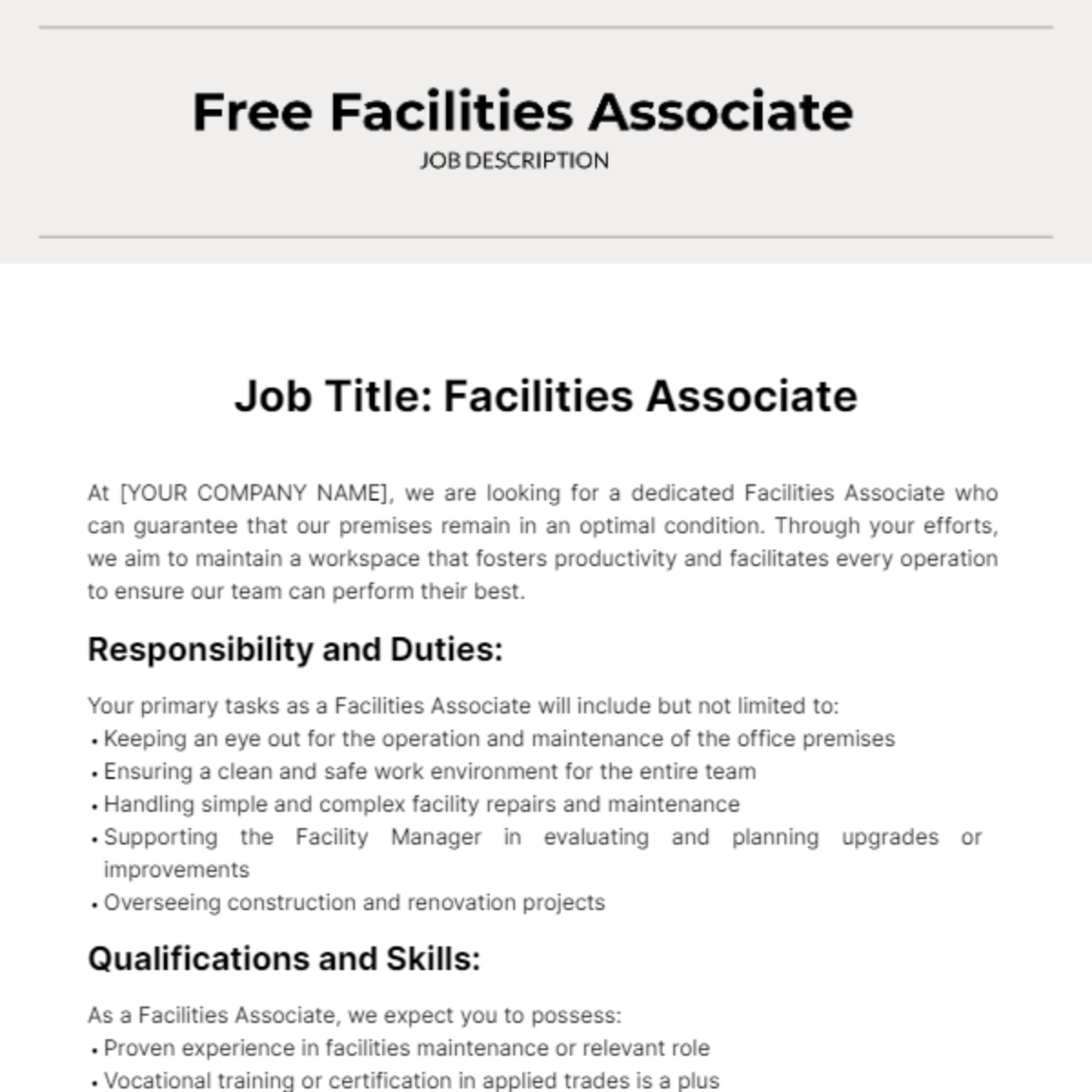 Facilities Associate Job Description Template