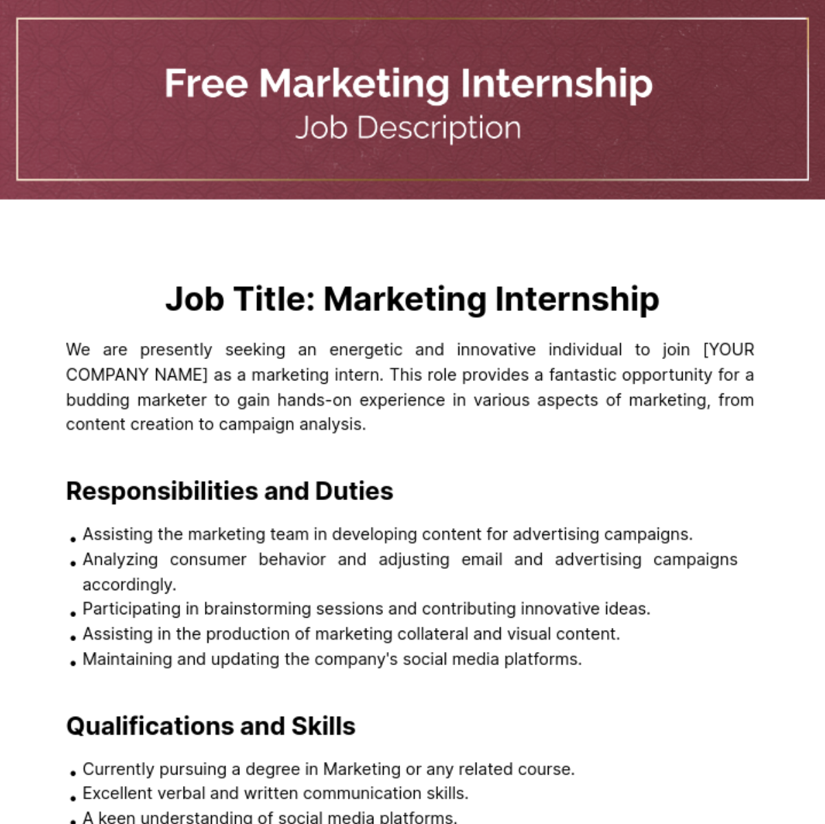 Marketing Internship Job Description Template