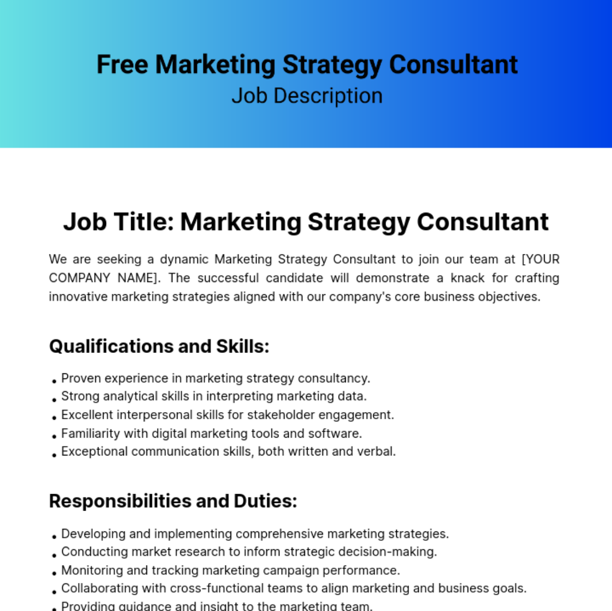 Free Marketing Strategy Consultant Job Description Template