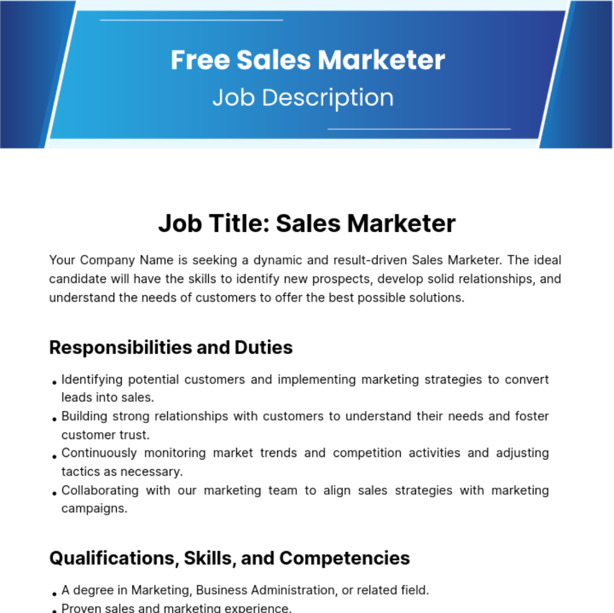 Sales Marketer Job Description Template