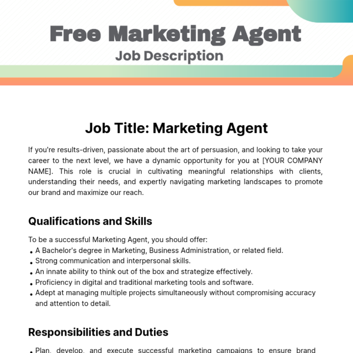 Free Marketing Agent Job Description Template