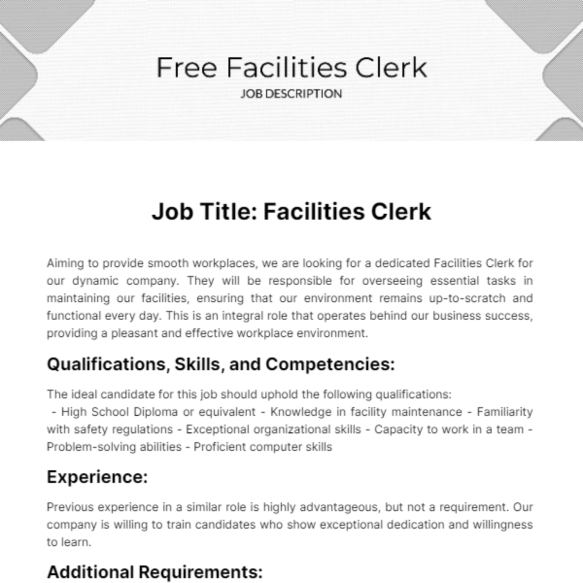 Facilities Clerk Job Description Template