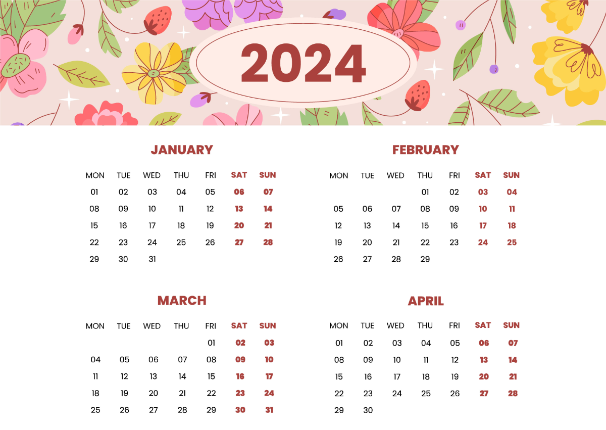 Free January to April 2024 Calendar Template