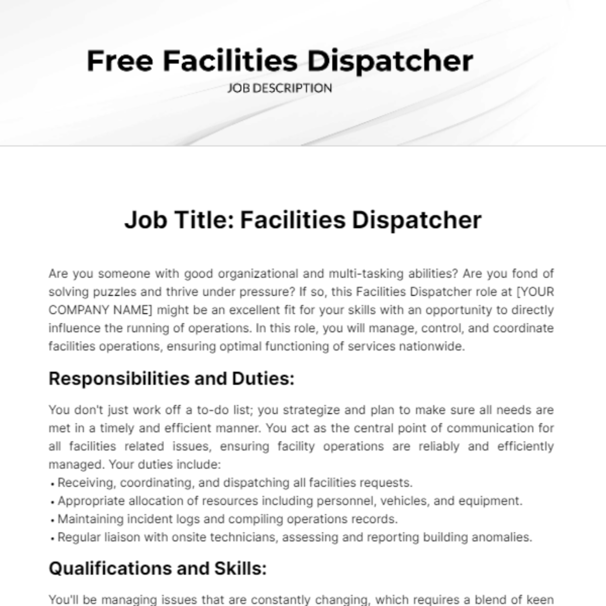 Free Facilities Dispatcher Job Description Template