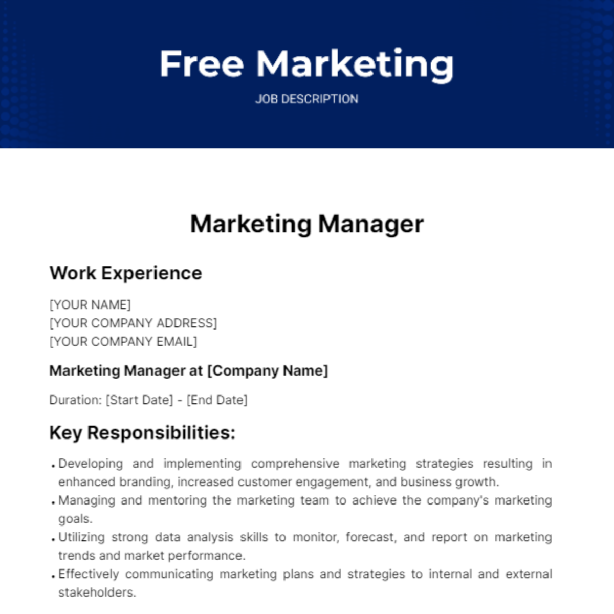 Free Marketing Job Description For Resume Template