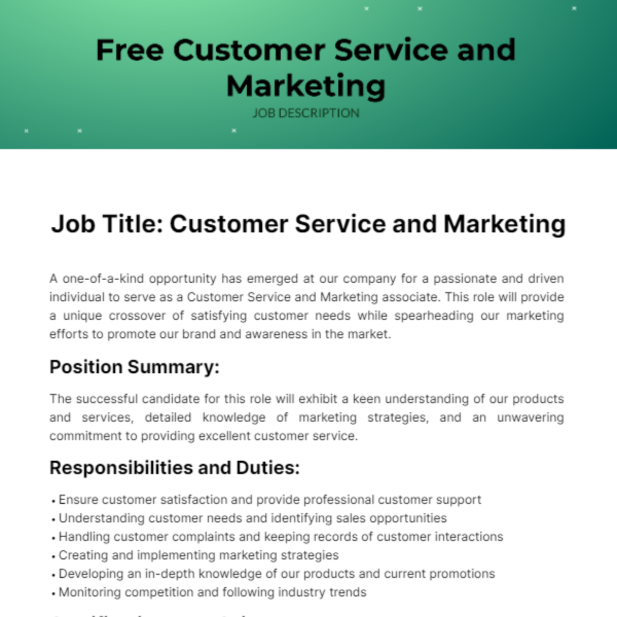 Customer Service and Marketing Job Description Template