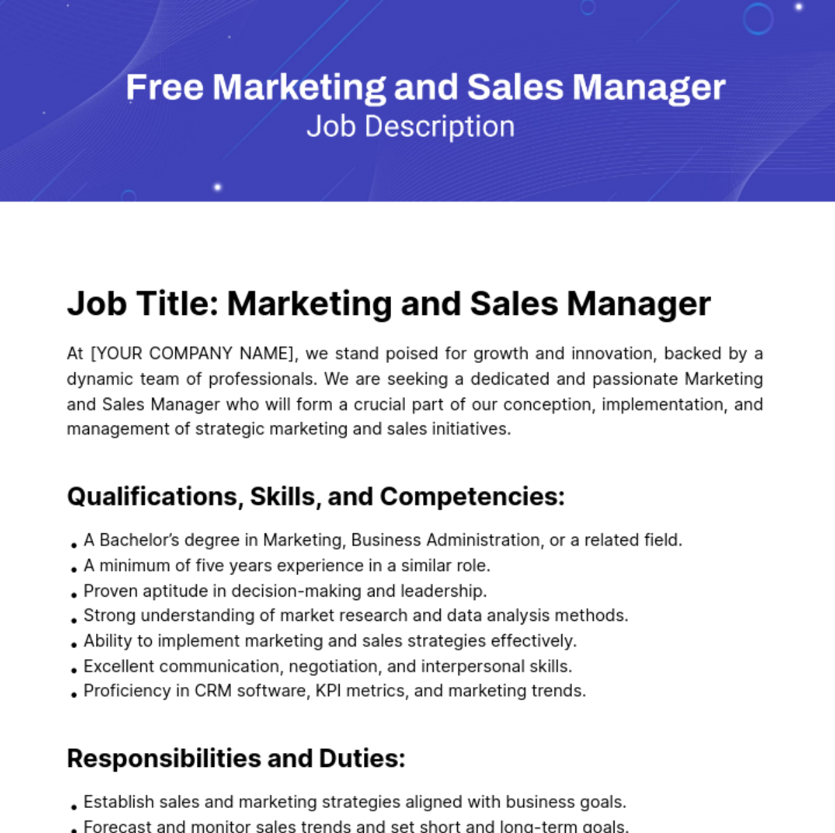 Free Marketing and Sales Manager Job Description Template