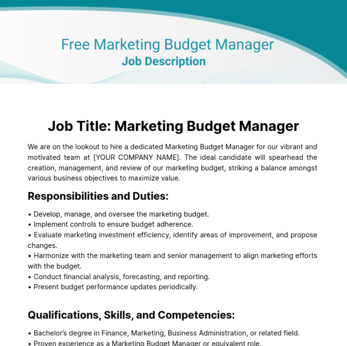 Marketing Budget Manager Job Description Template