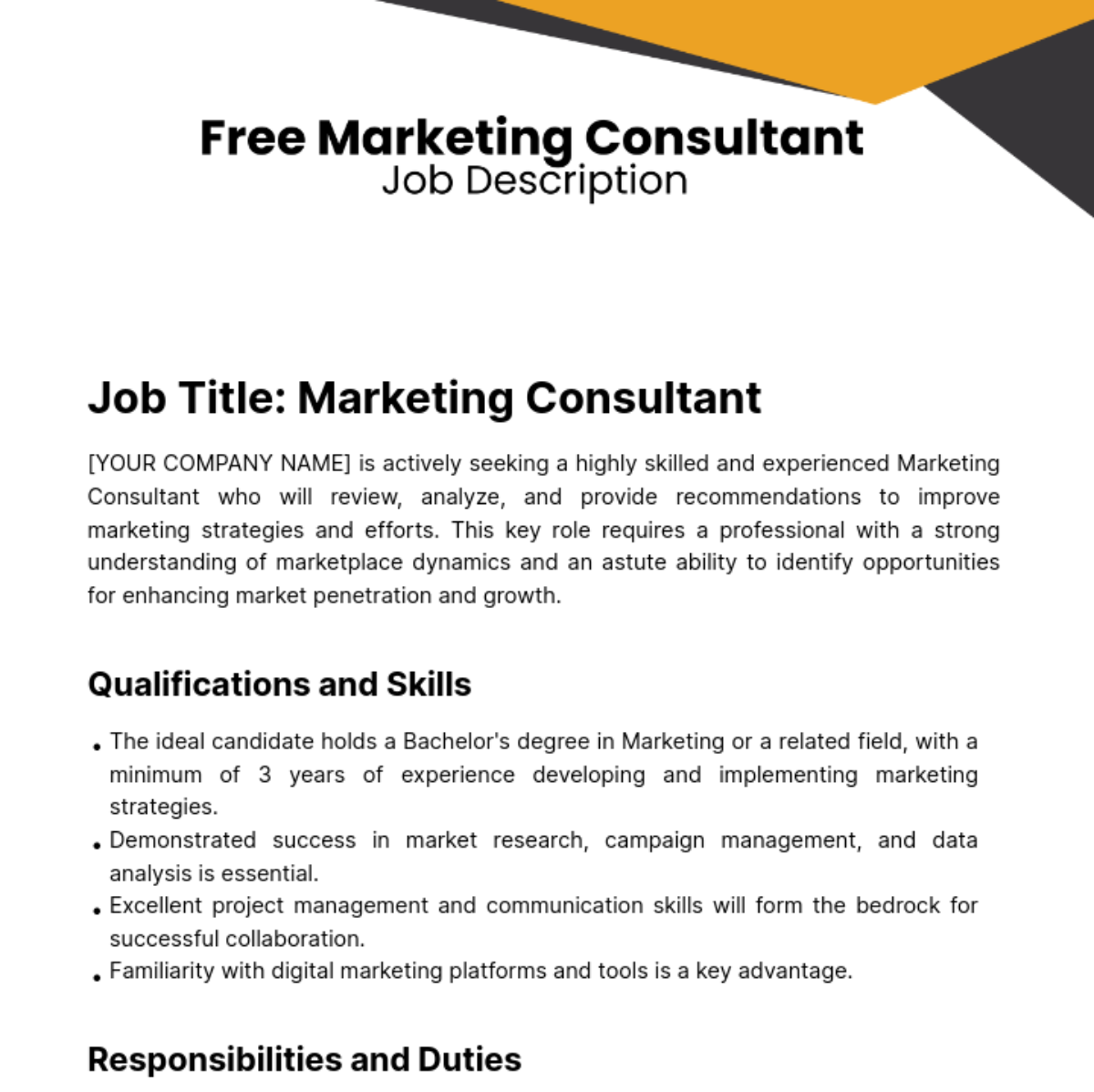 Free Marketing Consultant Job Description Template