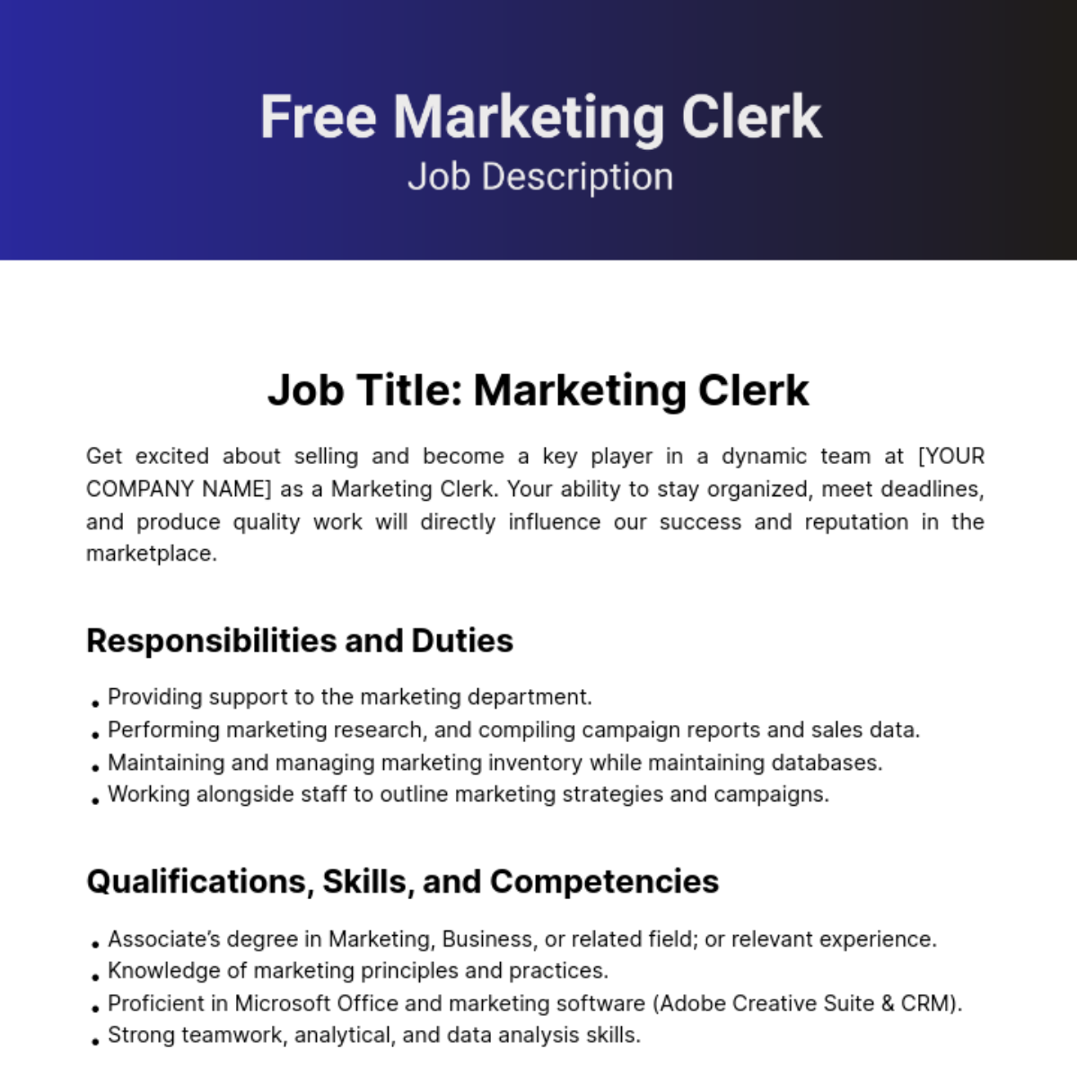 Marketing Clerk Job Description Template