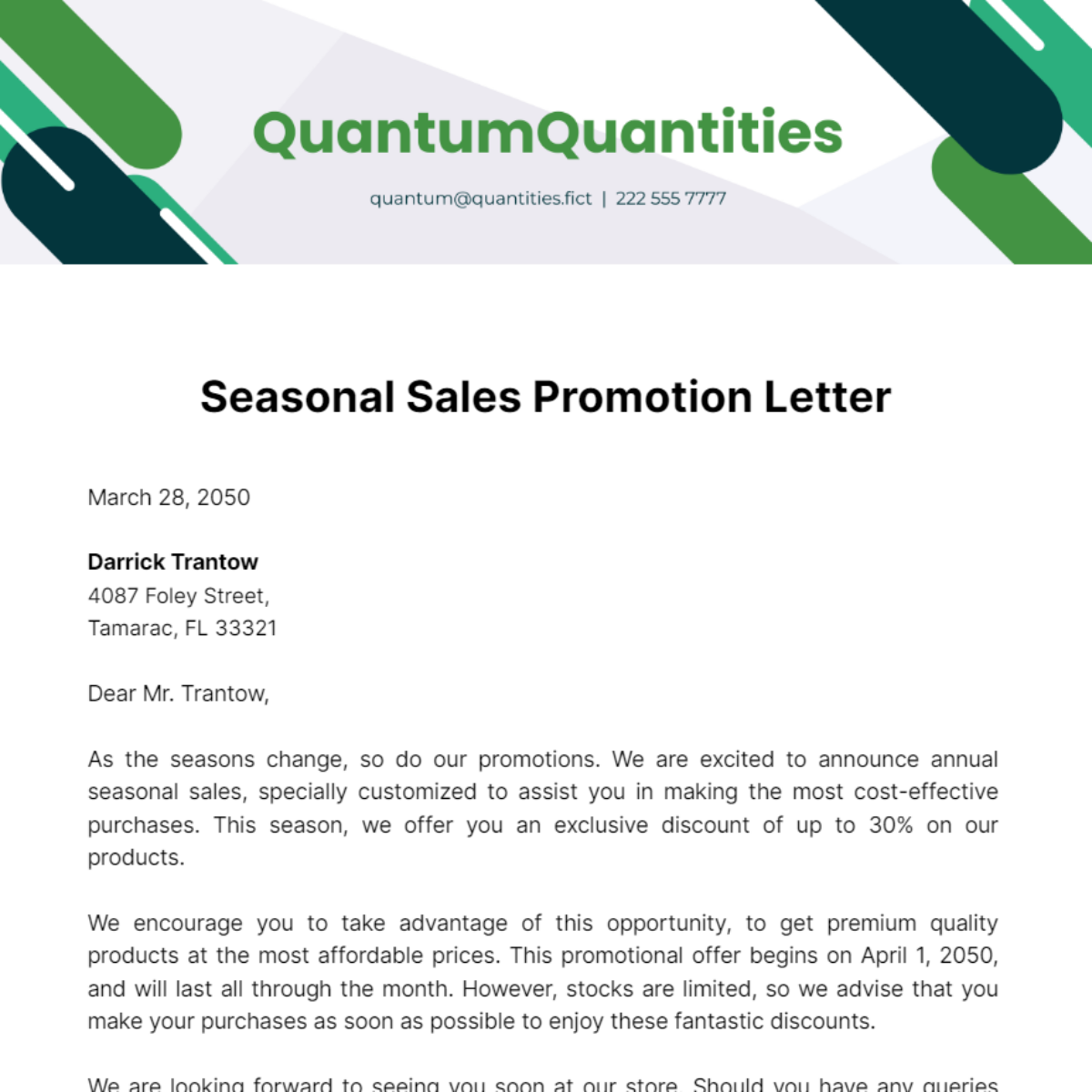 Seasonal Sales Promotion Letter Template