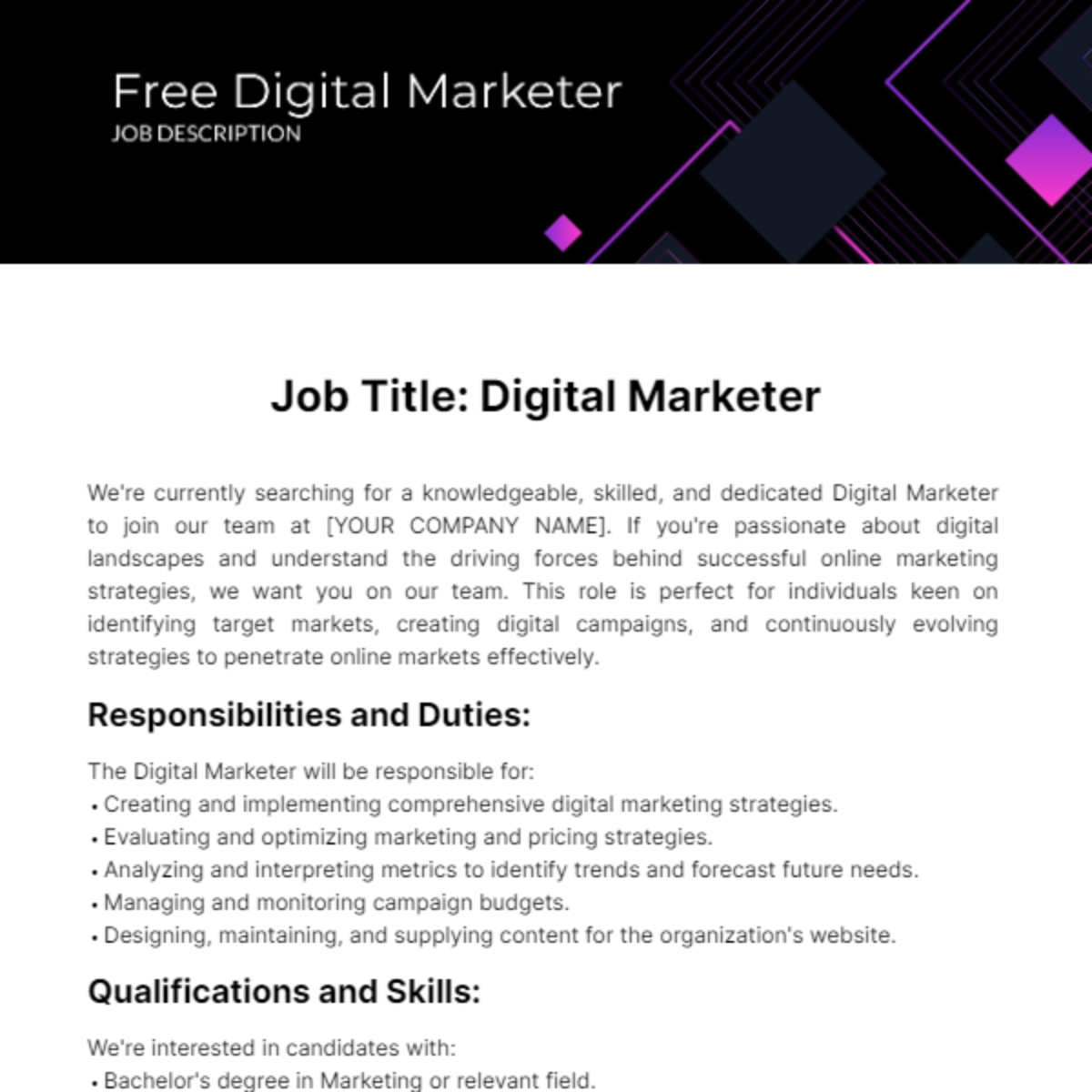 Digital Marketer Job Description Template
