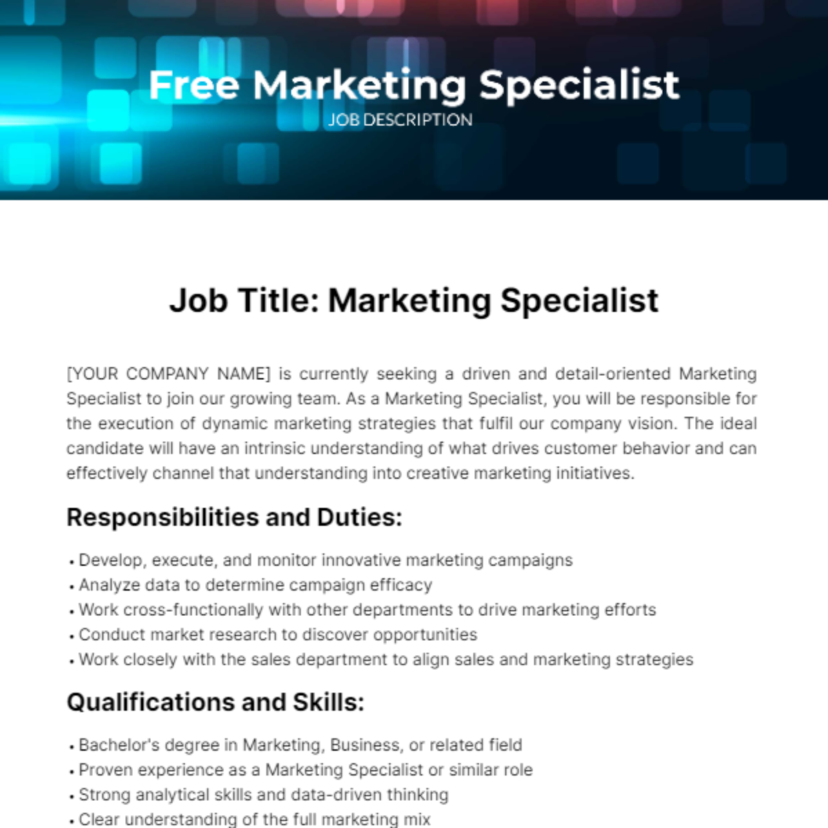 Marketing Specialist Job Description Template