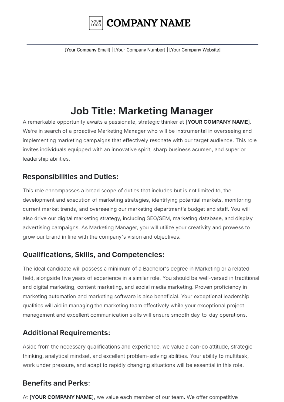 Aesthetic Marketing Manager Job Description Template - Edit Online & Download