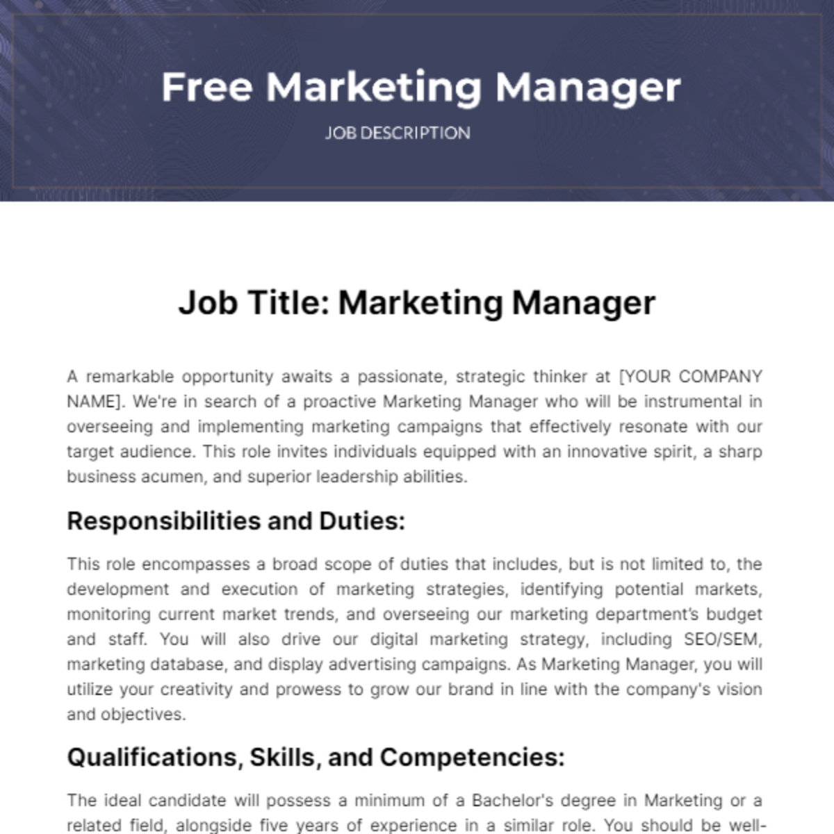 Free Marketing Manager Job Description Template