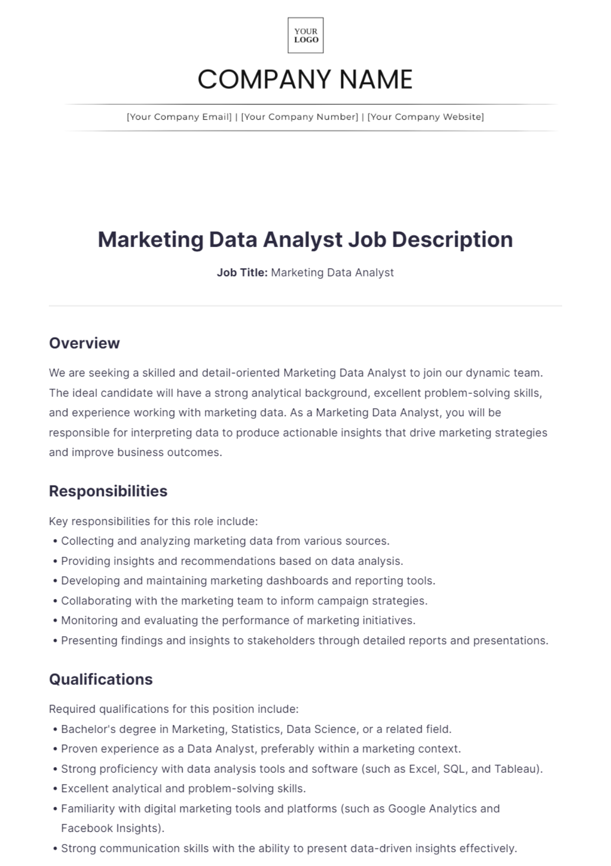 Marketing Data Analyst Job Description Template - Edit Online & Download