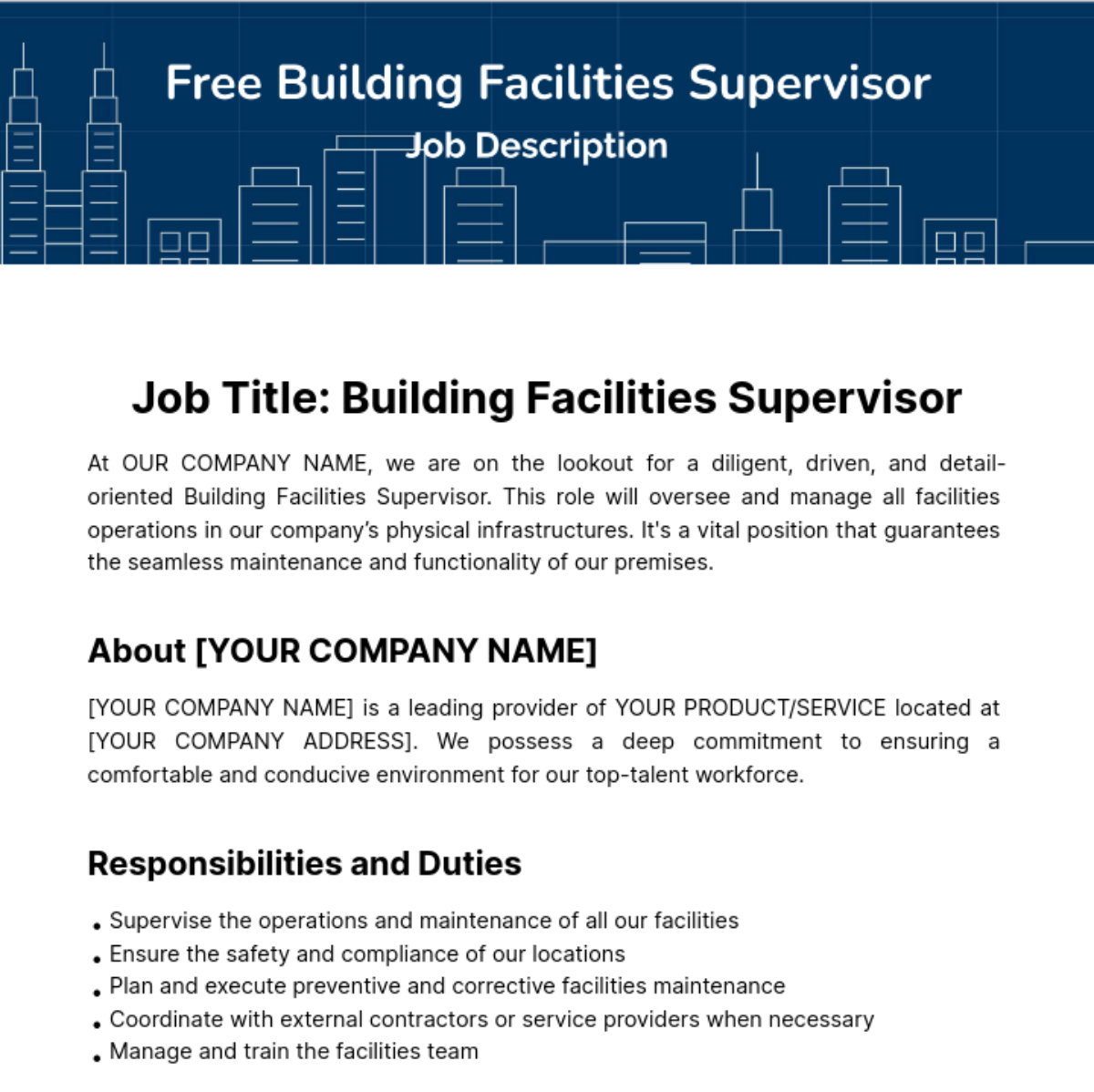 Free Building Facilities Supervisor Job Description Template