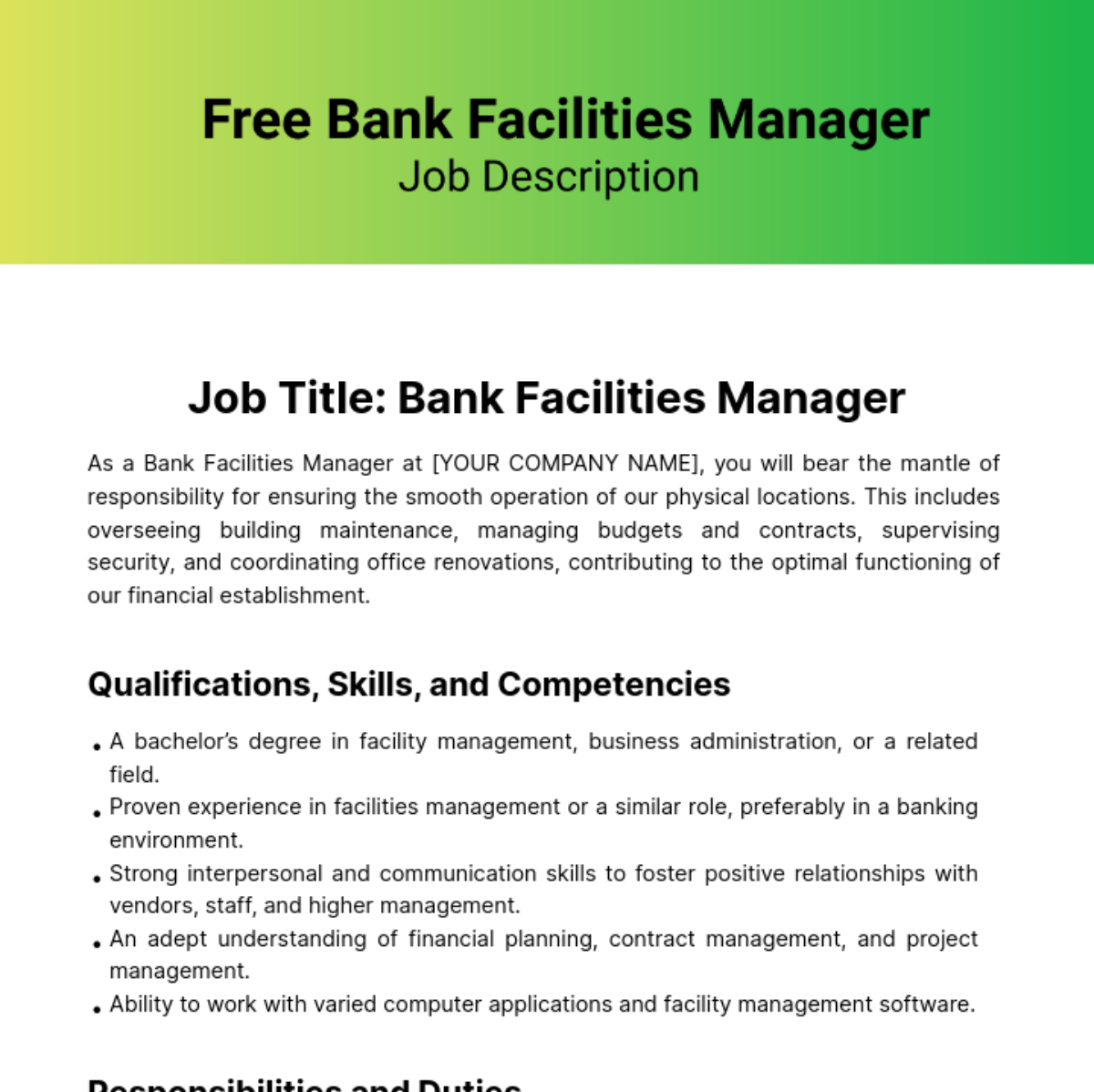 Free Bank Facilities Manager Job Description Template