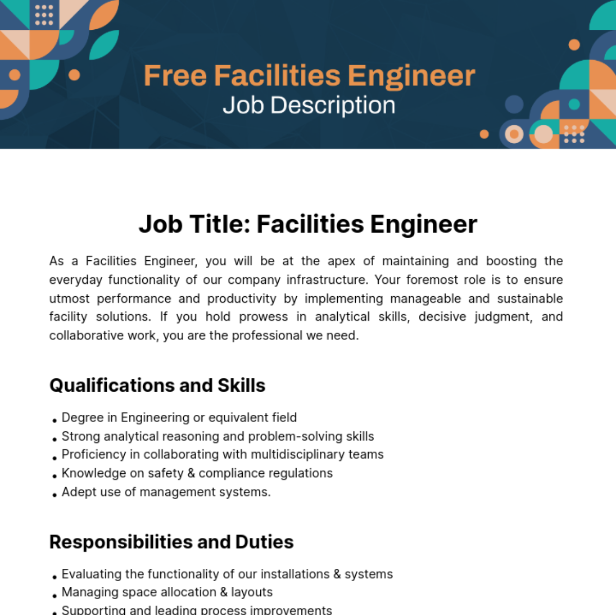 Free Facilities Engineer Job Description Template