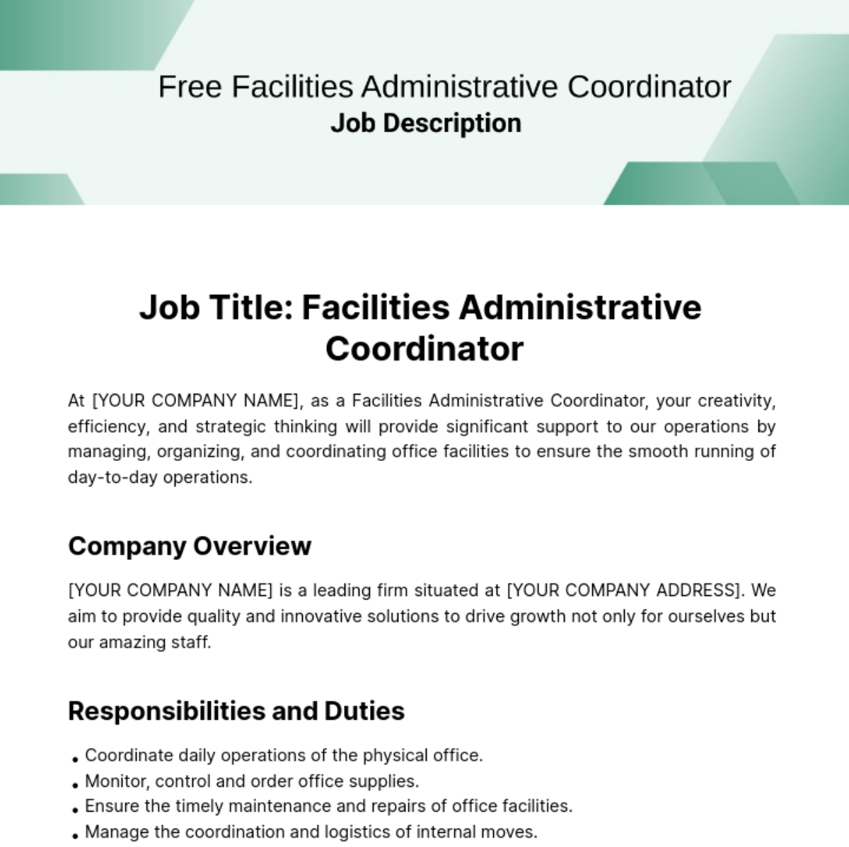 Free Facilities Administrative Coordinator Job Description Template