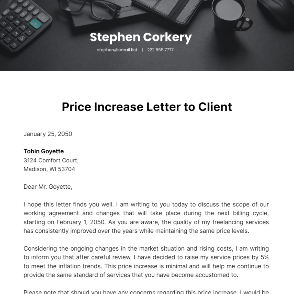 Free Price Increase Letter to Client Template