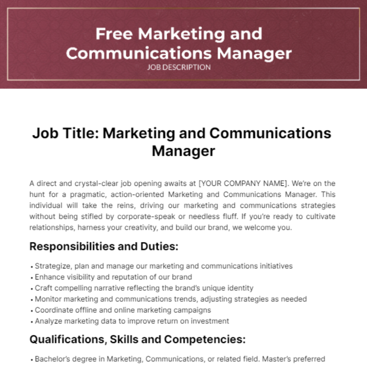 Marketing and Communications Manager Job Description Template