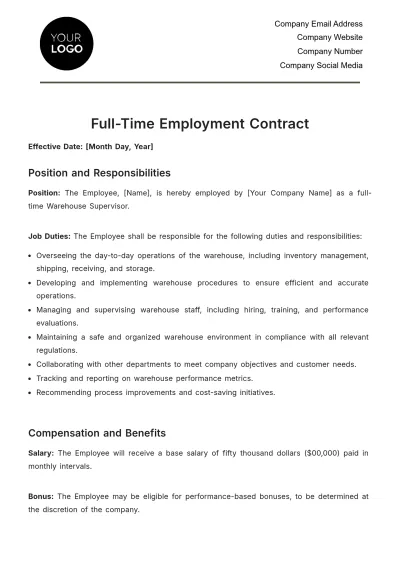 Free Full-time Employment Contract HR Template to Edit Online