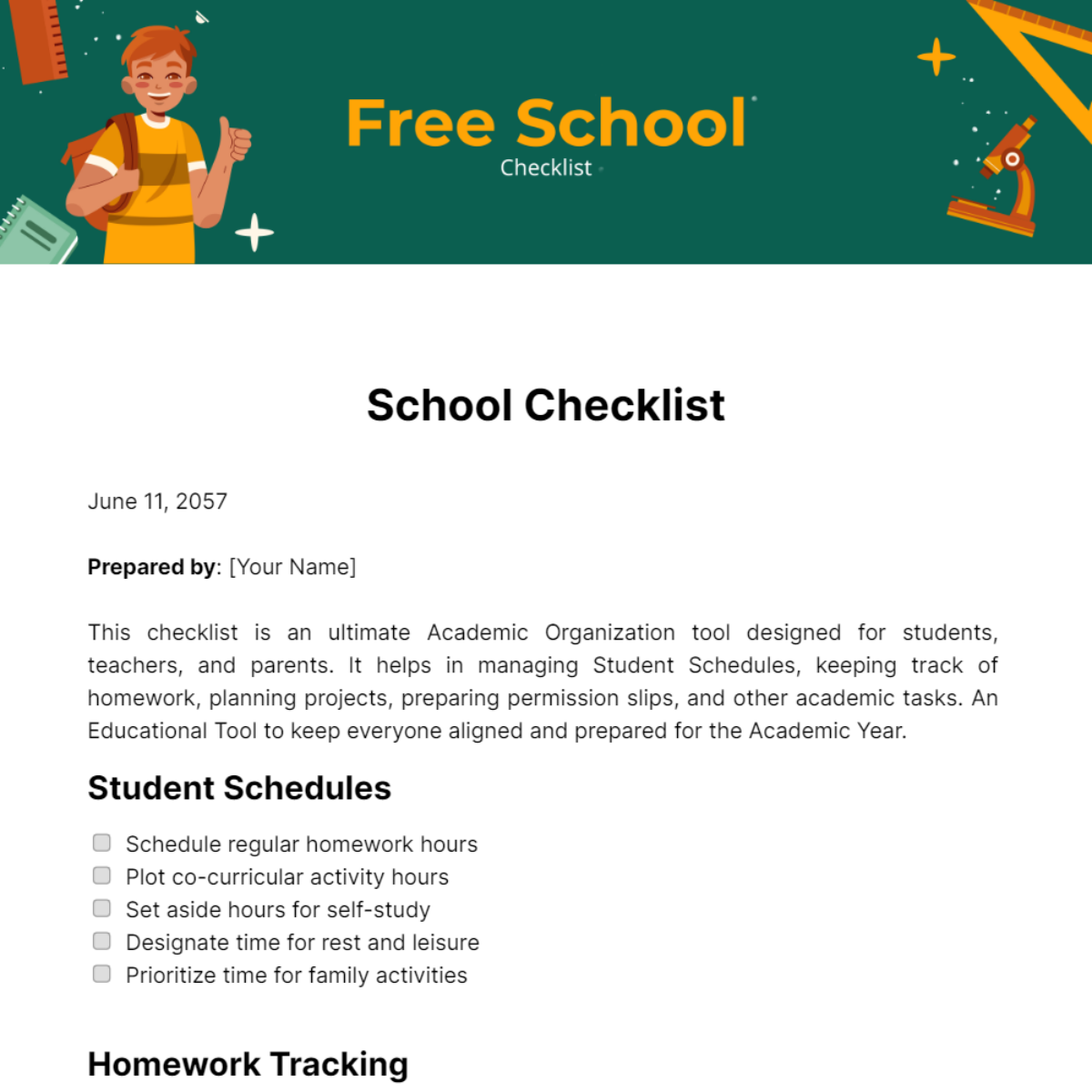 Free School Checklist Template