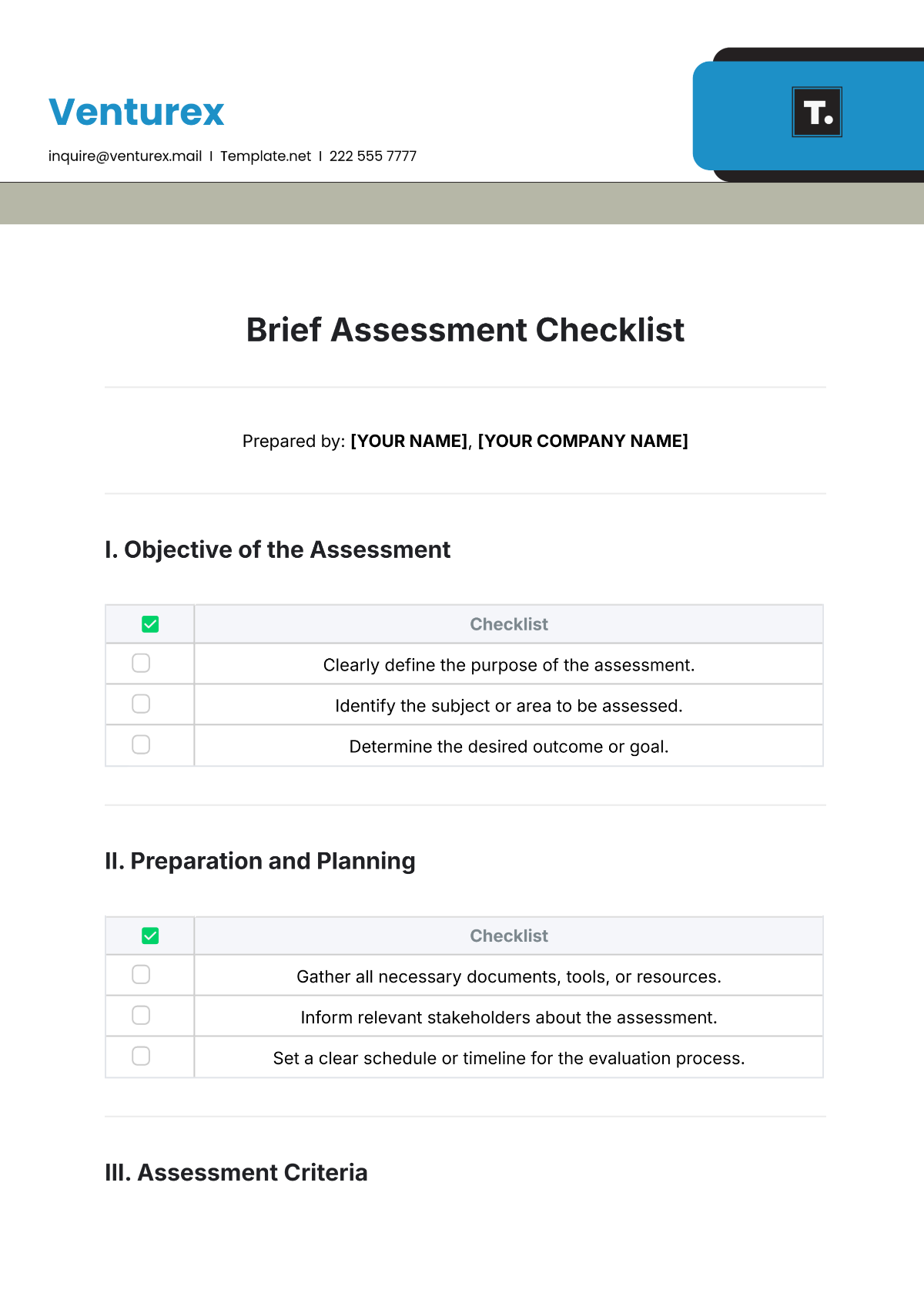 Free Brief Assessment Checklist Template