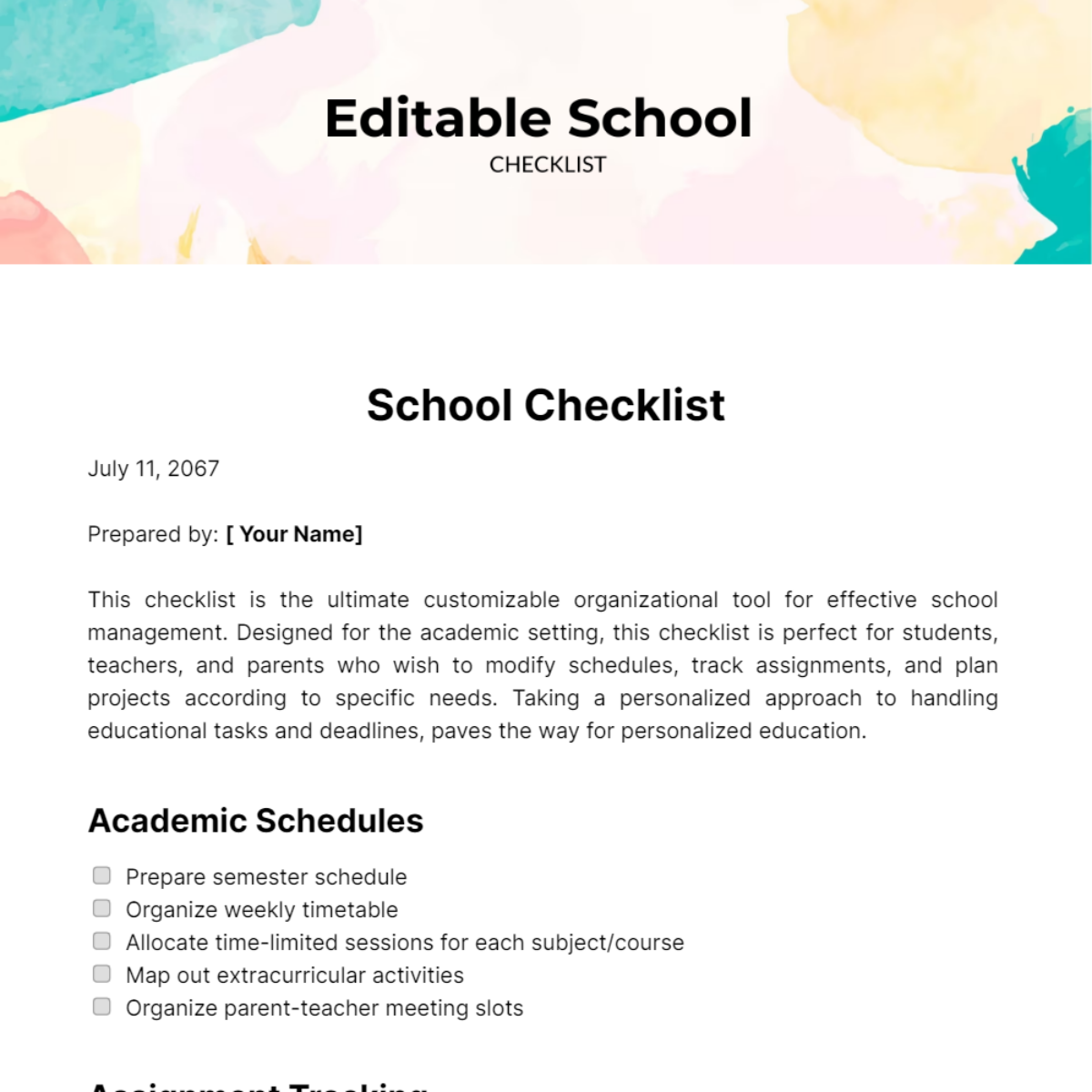 Free Editable School Checklist Template