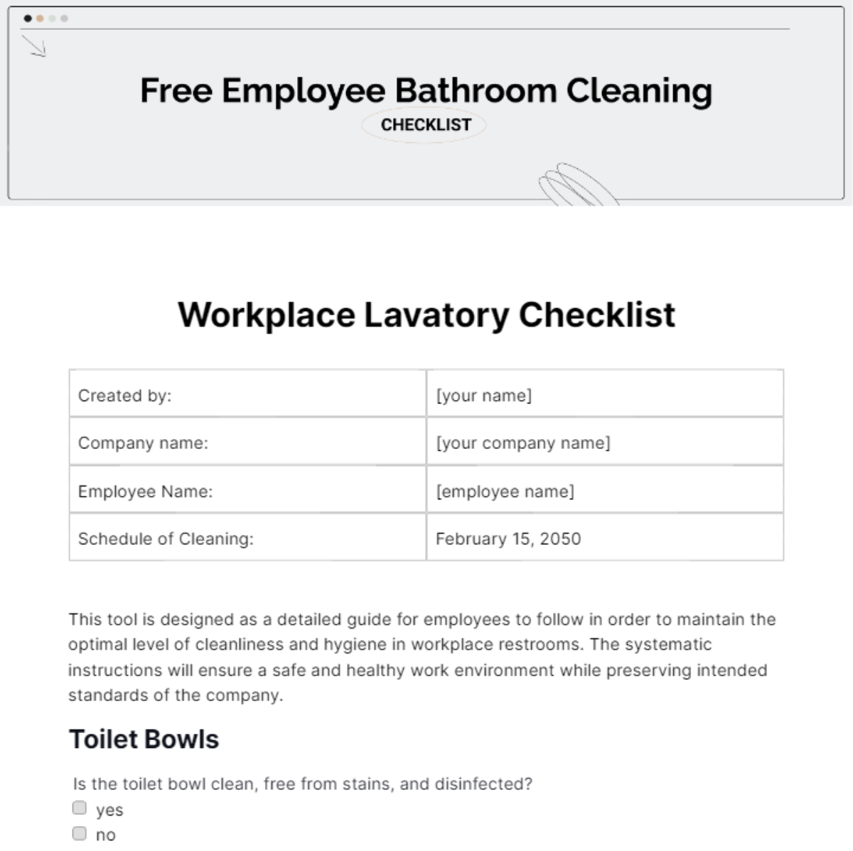 Free Employee Bathroom Cleaning Checklist Template