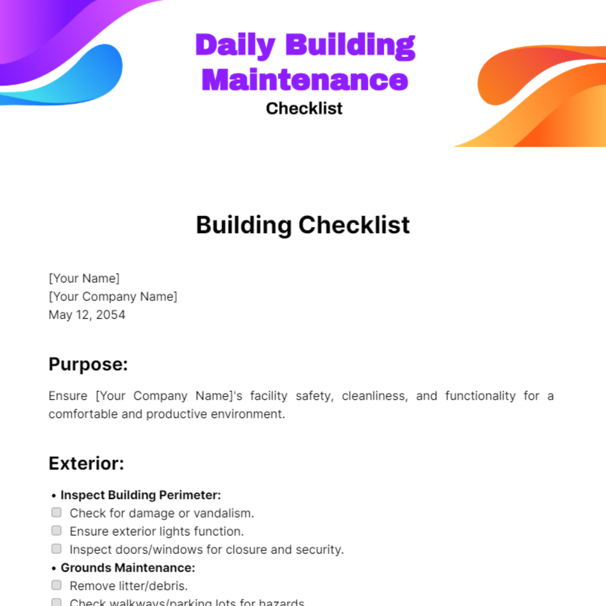 Free Daily Building Maintenance Checklist Template