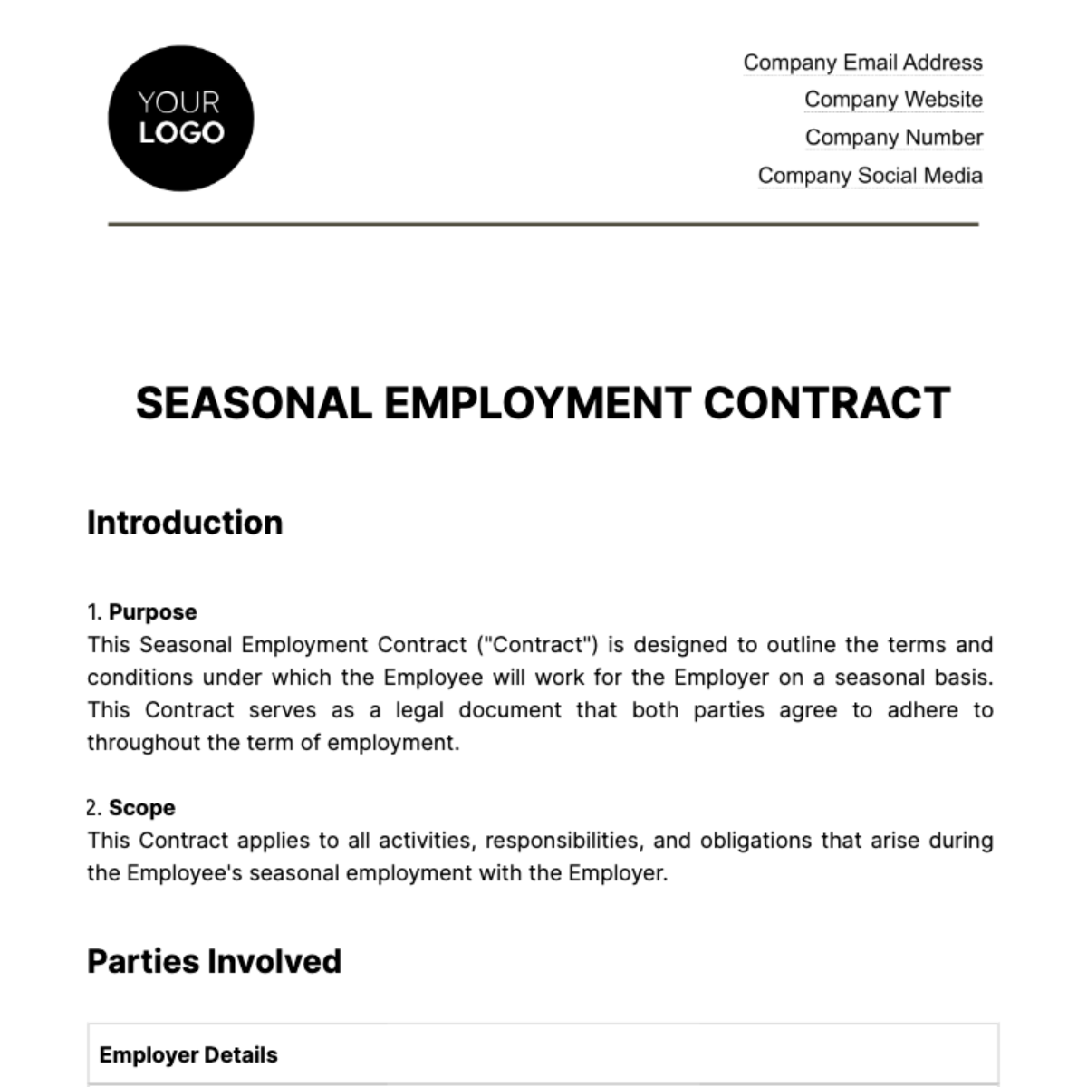 Seasonal Employment Contract HR Template
