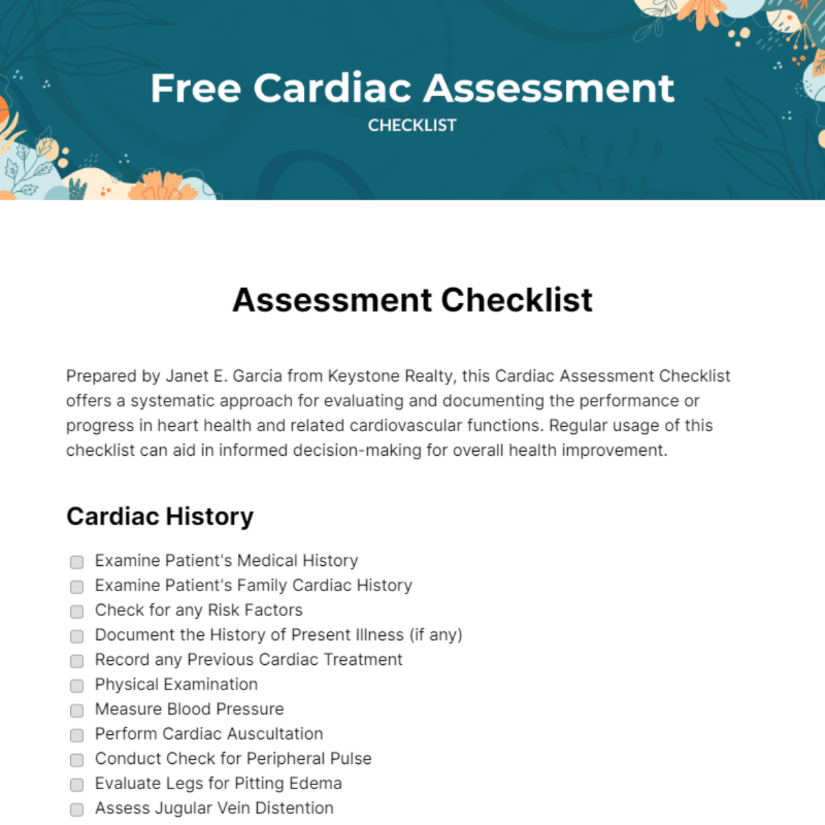 Free Cardiac Assessment Checklist Edit Online Download Template