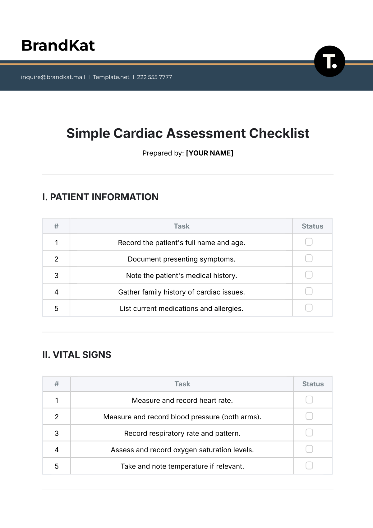 Free Simple Cardiac Assessment Checklist Template