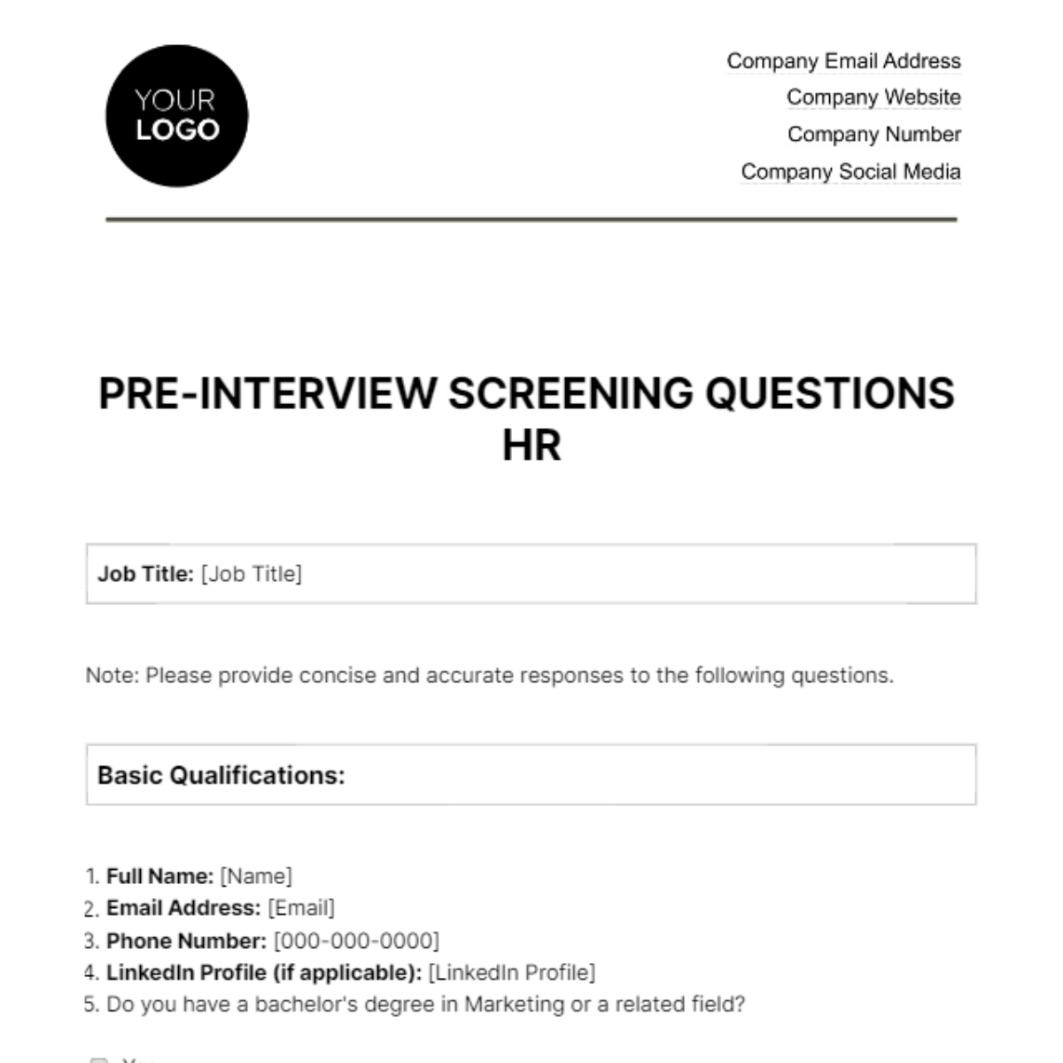 Free Pre-interview Screening Questions HR Template