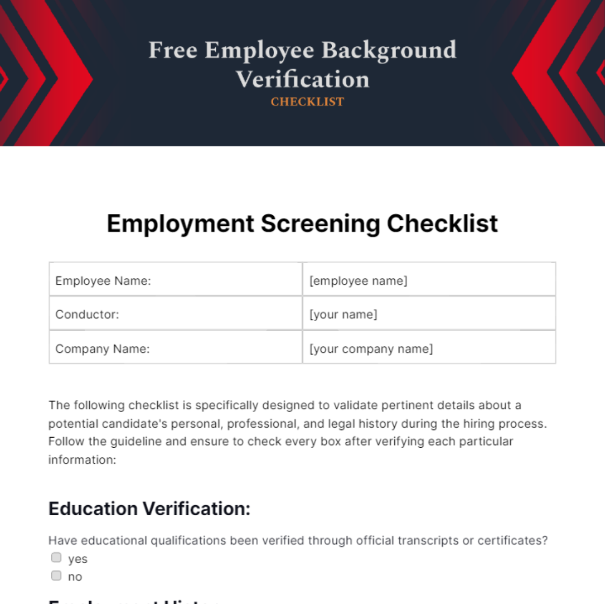 Free Employee Background Verification Checklist Template