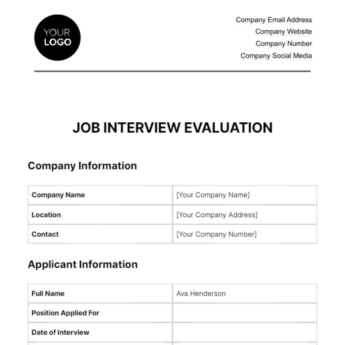 Job Interview Evaluation HR Template - Edit Online & Download