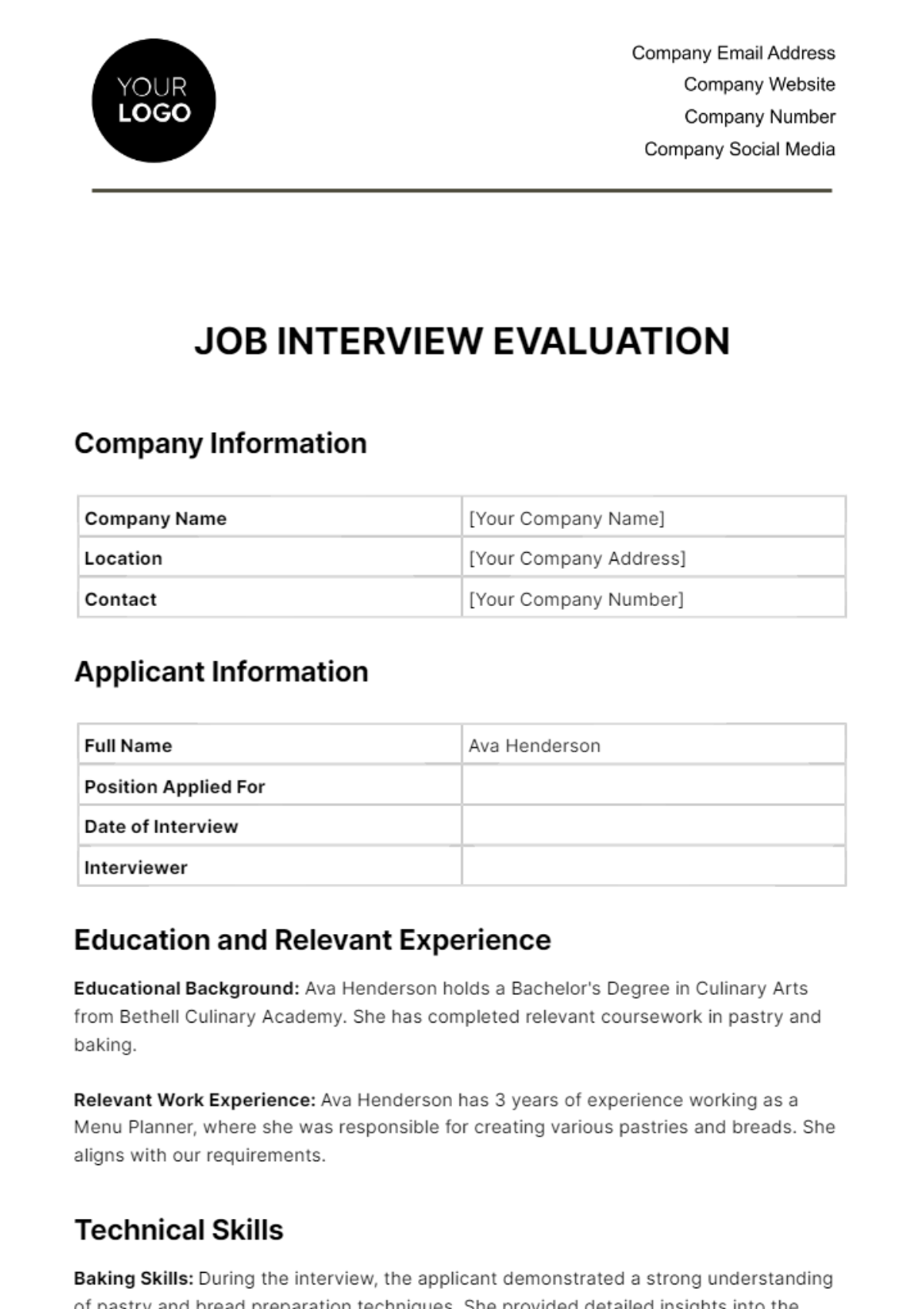 Job Interview Evaluation HR Template