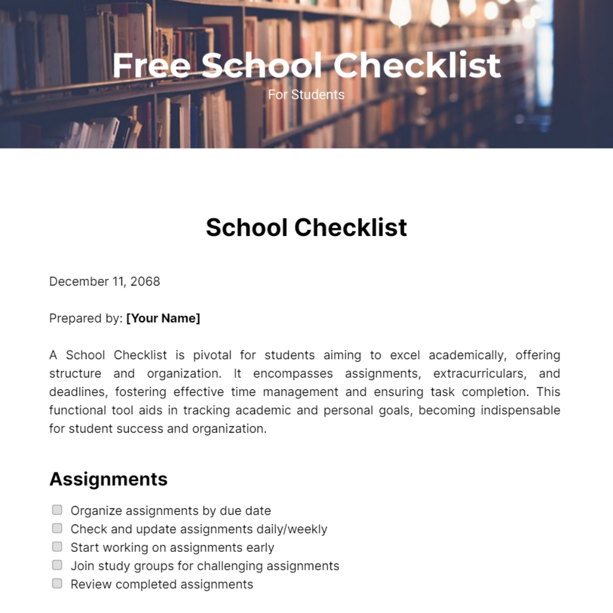 Free School Checklist for Students Template